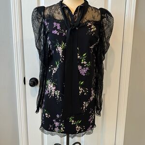 Pinko Made in Italy Flora Lace Tie Neck Puff Sleeve Mini Dress Retail $395